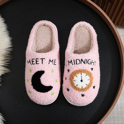 Fashion Moon And Clock Print Home Slippers Winter Warm Floor Bedroom House Shoes For Women