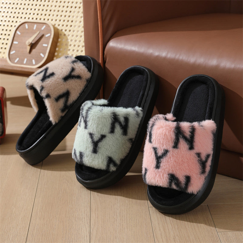 Letter Printed Fuzzy Slippers For Women Fashion Open-toed Plush Slippers Winter Bedroom Floor Fluffy Shoes Home