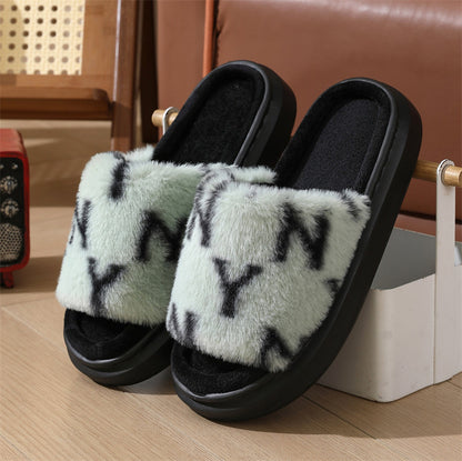 Letter Printed Fuzzy Slippers For Women Fashion Open-toed Plush Slippers Winter Bedroom Floor Fluffy Shoes Home