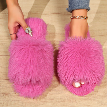 Fashion Open-toed Plush Slippers Winter Warm Indoor Bedroom Floor Soft Fluffy Slipper For Couple Solid Color House Shoes Women