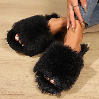 Fashion Open-toed Plush Slippers Winter Warm Indoor Bedroom Floor Soft Fluffy Slipper For Couple Solid Color House Shoes Women