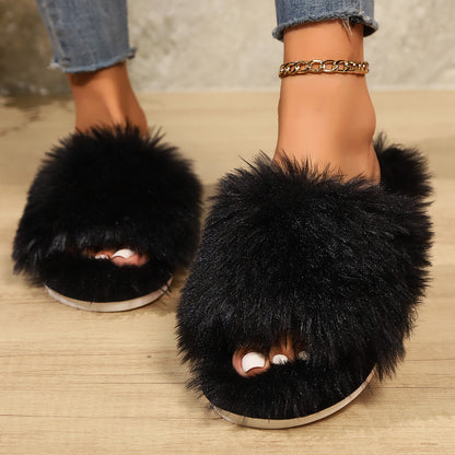 Fashion Open-toed Plush Slippers Winter Warm Indoor Bedroom Floor Soft Fluffy Slipper For Couple Solid Color House Shoes Women