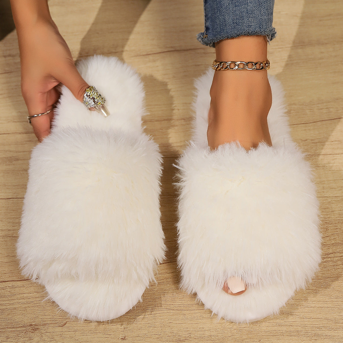 Fashion Open-toed Plush Slippers Winter Warm Indoor Bedroom Floor Soft Fluffy Slipper For Couple Solid Color House Shoes Women