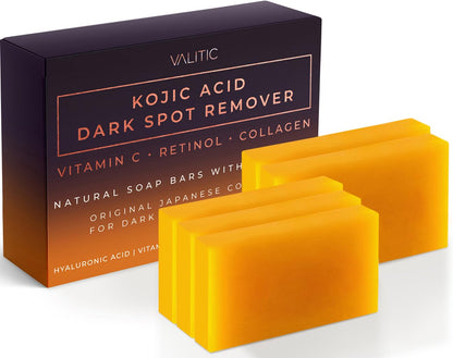 VALITIC Kojic Acid Dark Spot Remover Soap Bars with Vitamin C, Retinol, Collagen, Turmeric - Original Japanese Complex Infused with Hyaluronic Acid, Vitamin E, Shea Butter, Castile Olive Oil (2 Pack)