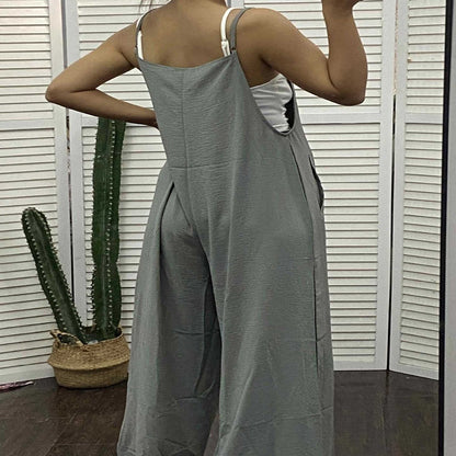 Women's Sleeveless Jumpsuit With Pockets And Adjustable Shoulder Strap Fashion Loose Wide Leg Straight Overalls Summer Beach Trousers