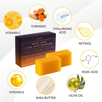 VALITIC Kojic Acid Dark Spot Remover Soap Bars with Vitamin C, Retinol, Collagen, Turmeric - Original Japanese Complex Infused with Hyaluronic Acid, Vitamin E, Shea Butter, Castile Olive Oil (2 Pack)