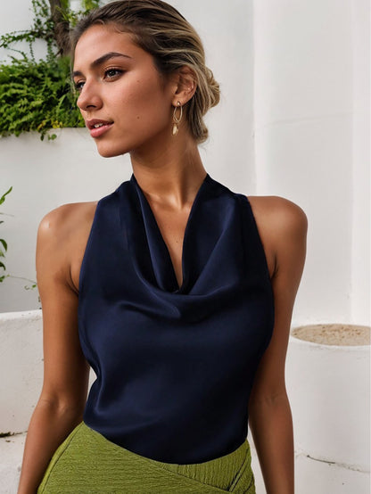 Women Solid Color Swing Collar Sleeveless Vest Trendy Elegant Shirt With Halter Neckline Backless Short Sleeve Tops Tshirts