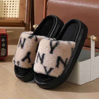 Letter Printed Fuzzy Slippers For Women Fashion Open-toed Plush Slippers Winter Bedroom Floor Fluffy Shoes Home