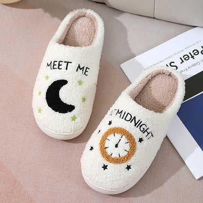 Fashion Moon And Clock Print Home Slippers Winter Warm Floor Bedroom House Shoes For Women