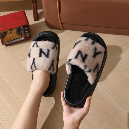 Letter Printed Fuzzy Slippers For Women Fashion Open-toed Plush Slippers Winter Bedroom Floor Fluffy Shoes Home